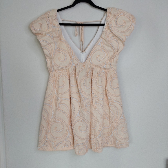 by Anthropologie Puff Sleeve V-Neck Lace Embroidered Mini Dress Size 8 - Picture 1 of 12